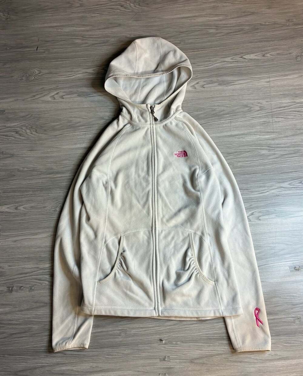 The north face fleece jacket white with pink breast cancer awareness ribbon